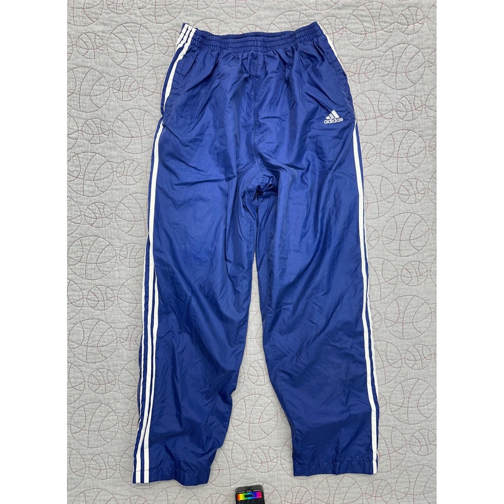 VTG 90s Adidas Track Pants Blue Snap Side 3 Stripe / Men's Large